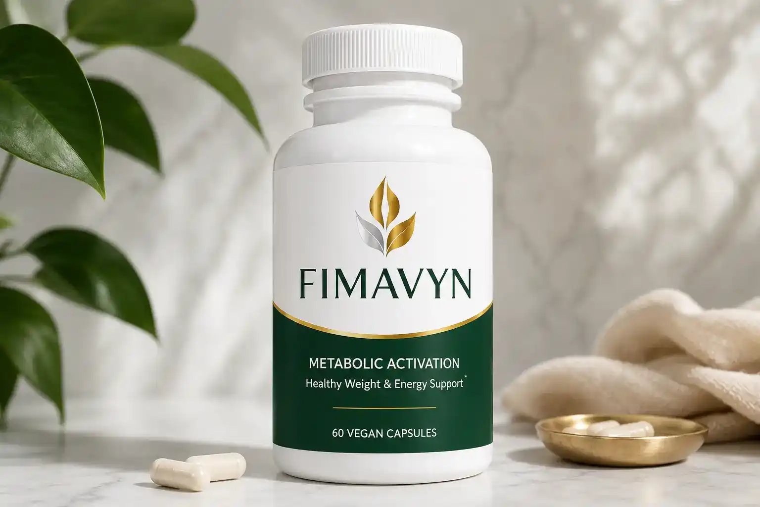 Fimavyn Metabolic Activation — white 60-capsule vegan supplement bottle with deep forest green label band and gold divider line, gold and silver leaf logo, FIMAVYN text in forest green, METABOLIC ACTIVATION Healthy Weight and Energy Support, 60 VEGAN CAPSULES