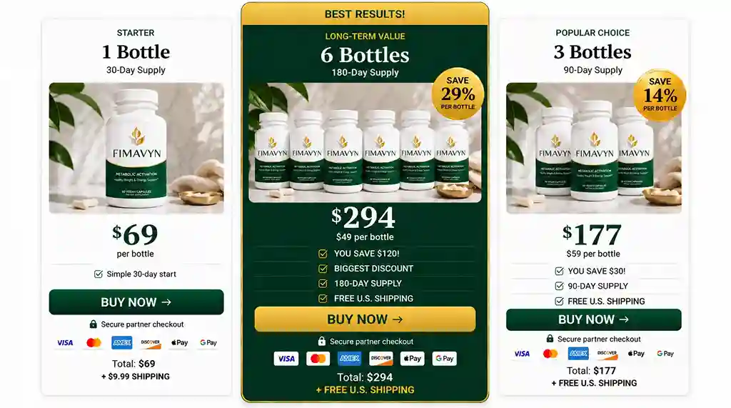 Fimavyn pricing — 1 bottle $69, 3 bottles $59 each free US shipping plus 4 bonus guides, 6 bottles $49 each best value free US shipping 60-day money-back guarantee 4 bonus guides